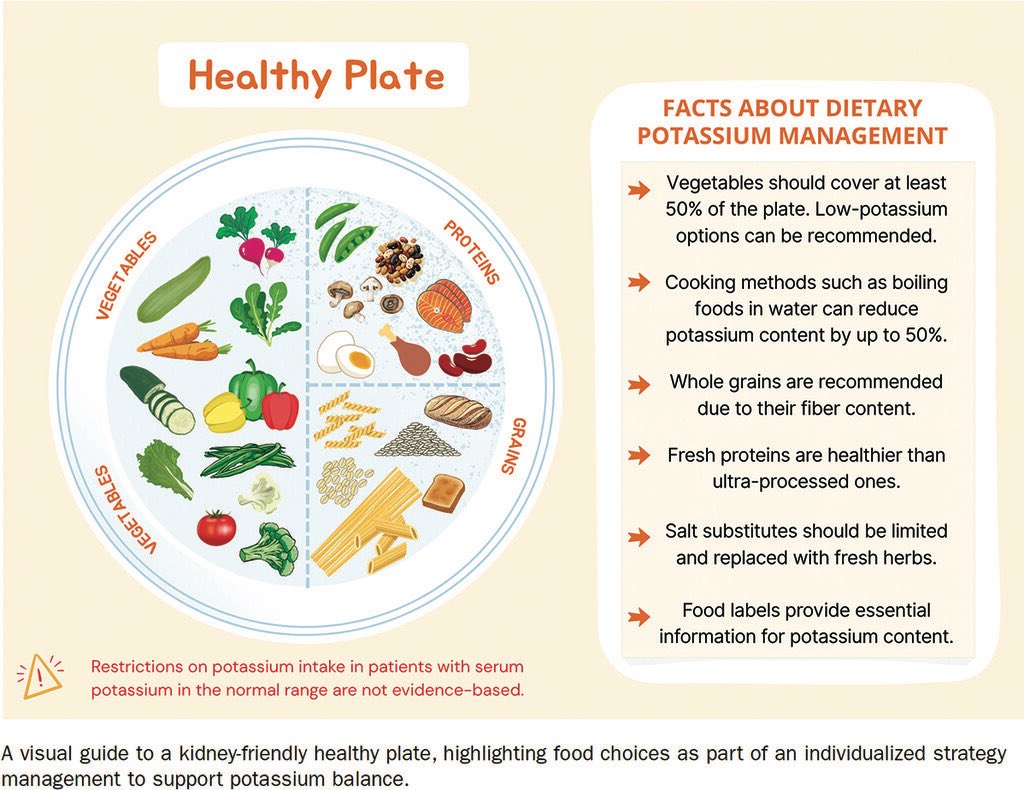 hardik4u24's tweet photo. 🥦🍞🥩#Potassium-smart eating matters in #CKD

🔸Veggies= 50% of ur plate
🔸Boiling ↓K⁺~50%
🔸Whole grains&amp; fresh proteins👌🏼
🔸Salt substitutes ❌→ Use herbs🌿

📊K⁺ bioaccessibility:
🔹Plant 50–60%
🔹Animal 90%
🔹Additives 100%🚨

🔗https://t.co/QGTw52i67p

#NephX #Nutrition https://t.co/92EOGoJCPi