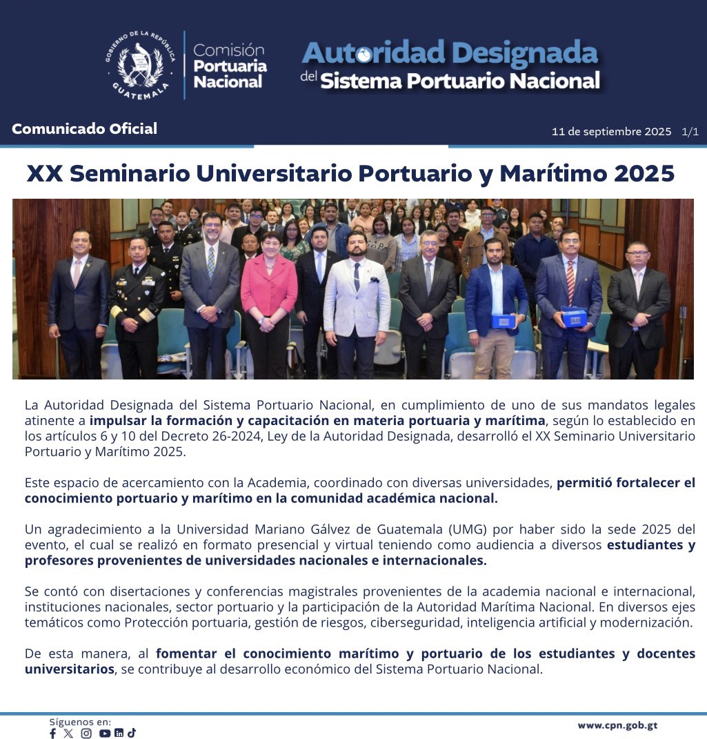 cpngobgt's tweet photo. #CPNInforma
XX Seminario Universitario 2025: Un espacio de formación y fortalecimiento del conocimiento portuario y marítimo.
@marianogalvez
Comisión Portuaria Nacional, Autoridad Designada del Sistema Portuario Nacional. 🌊 https://t.co/7G8z6SweVB