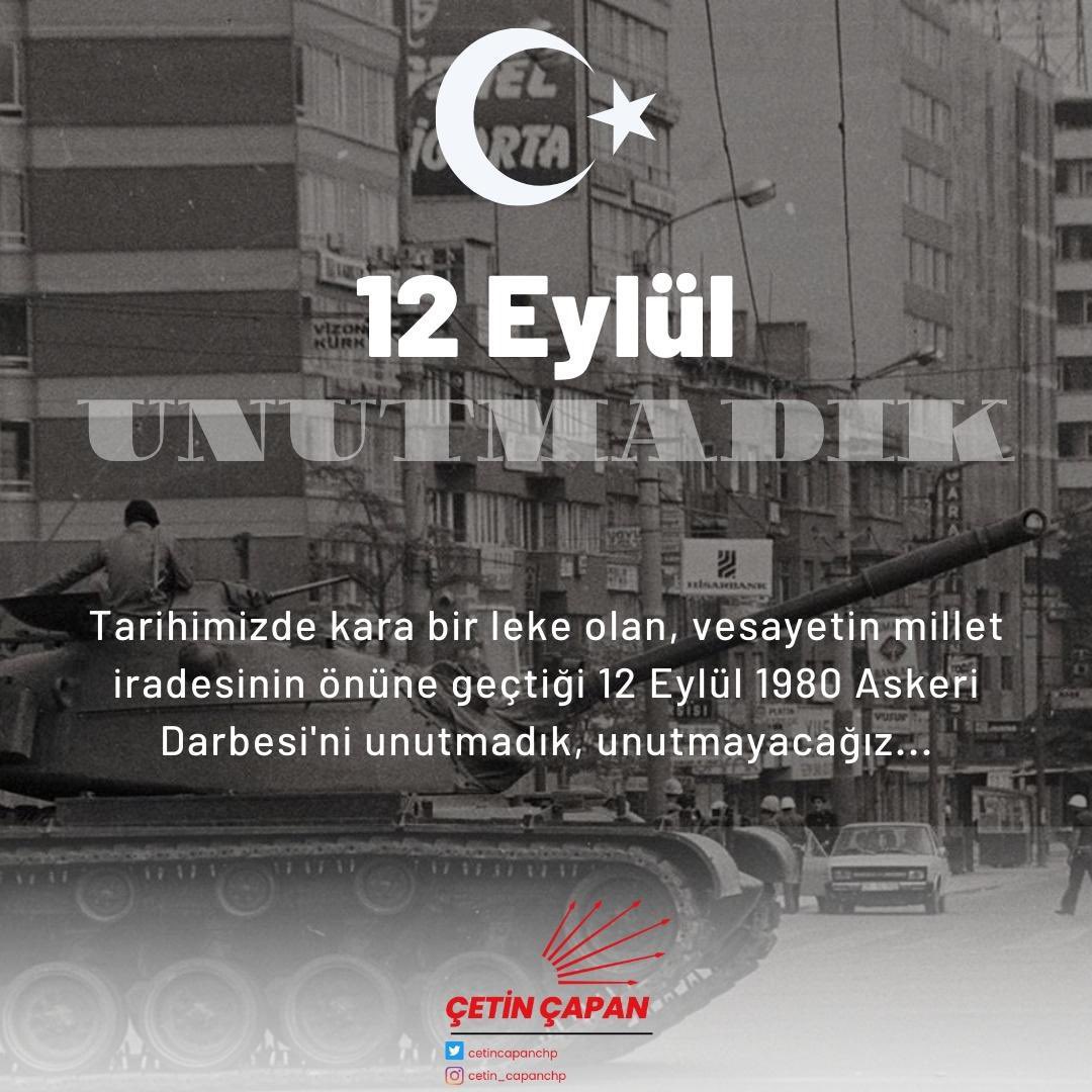 cetincapanCHP's tweet photo. #12Eylül darbesinin üzerinden geçen 45 yıla rağmen saraylarda saltanat sürenler, 12 Eylül ruhunu yaşatmaya devam ediyor.
İktidarını darbeye borçlu olanlar darbelerle hesaplaşamaz.
12 Eylül ruhunu ve tek adam rejimini tarihin tozlu raflarına kaldıracağız; Cumhuriyetimizi demokrasi ile taçlandıracağız!