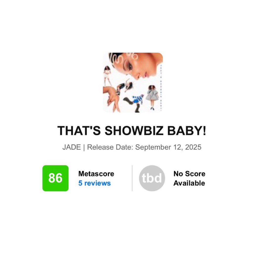 CHOCOU! “That’s Showbiz Baby!”, de JADE, faz sua estreia com 86 no Metacritic, baseado em 5 reviews.