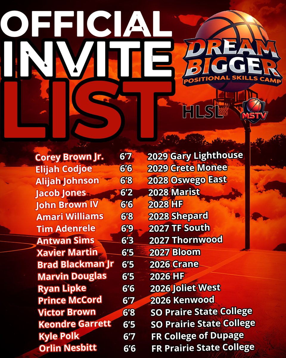 This is the official invite list for the Inaugural Dream Bigger Positional Skill Camp for Forwards 

📅  September 14
⏰ 10AM-12PM
📍 Prairie State College

✅ Exposure
✅ Skill Development
✅ Relationship Building

Powered by HLSL x <a href="/mstv_sports/">MSTV Sports</a>