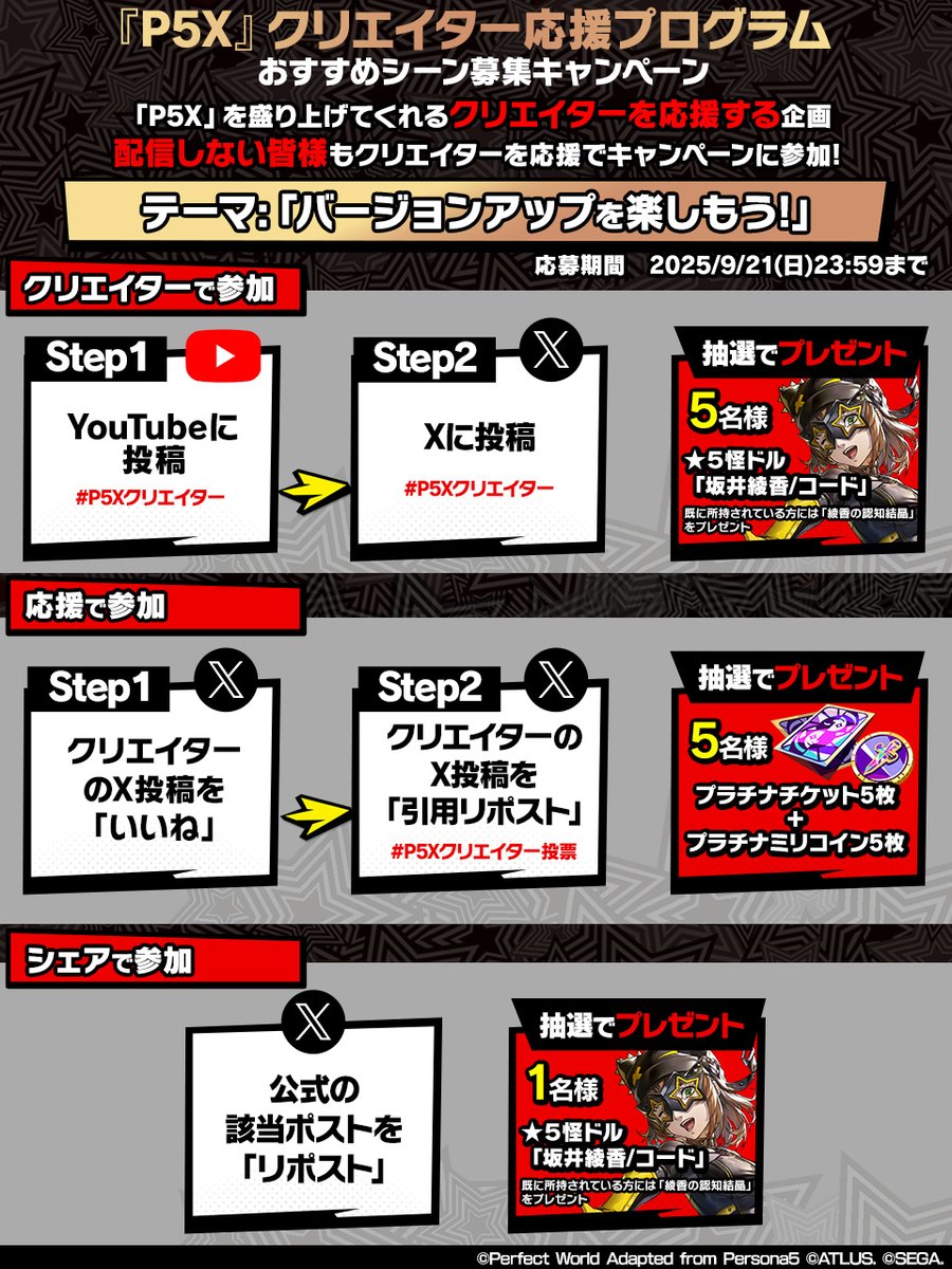 P5X_Official_JP's tweet photo. ◤￣￣￣￣￣￣￣￣
『P5X』クリエイター応援プログラム
　おすすめシーン募集キャンペーン
　　　　　　　　＿＿＿＿＿＿＿＿◢
　　　　　　
「P5X」を盛り上げてくれるクリエイターを応援する企画として、
テーマに沿ったおすすめシーンを募集する動画投稿キャンペーンを開催します📺🎩

テーマ「バージョンアップを楽しもう！」

🎥クリエイターとして動画をアップ！
YouTubeに動画アップ＆Xにて #P5Xクリエイター でポスト

📢応援、シェアするだけでも、キャンペーンに参加できます！
Xでクリエイターの対象ポストを「いいね」＆ #P5Xクリエイター投票 で引用リポスト　
または この投稿をフォロー＆リポスト！

ご参加お待ちしております🦉

#P5XJP