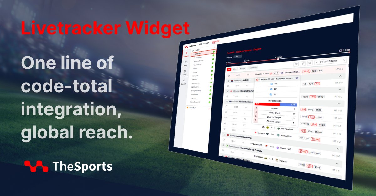 TheSports_API's tweet image. Still being hindered by complex integrations, missing out on key match seasons, and forfeiting valuable traffic?
Integrate 𝐓𝐡𝐞𝐒𝐩𝐨𝐫𝐭𝐬 𝐋𝐢𝐯𝐞𝐒𝐜𝐨𝐫𝐞 𝐖𝐢𝐝𝐠𝐞𝐭.—a unified, plug-and-play solution that replaces all your fragmented plugins. With a single line of code,…