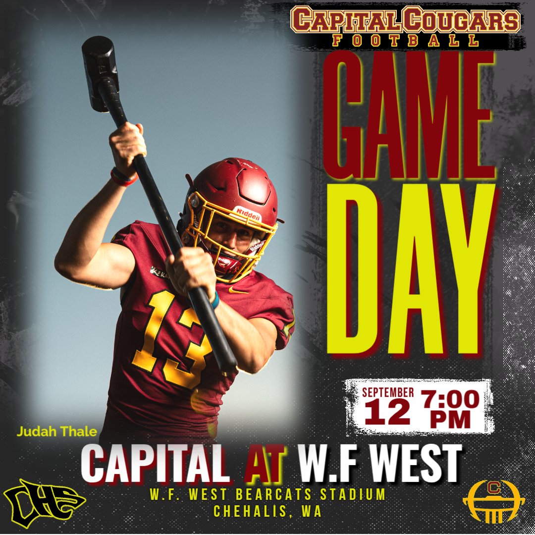 🗓️- TONIGHT!
🕖- 7:00 p.m. 
📍- Chehalis, WA
🏟️- W.F. West Bearcats Stadium 
🆚- W.F. West Bearcats
Travel safe and come cheer on the Cougars against W.F. West!