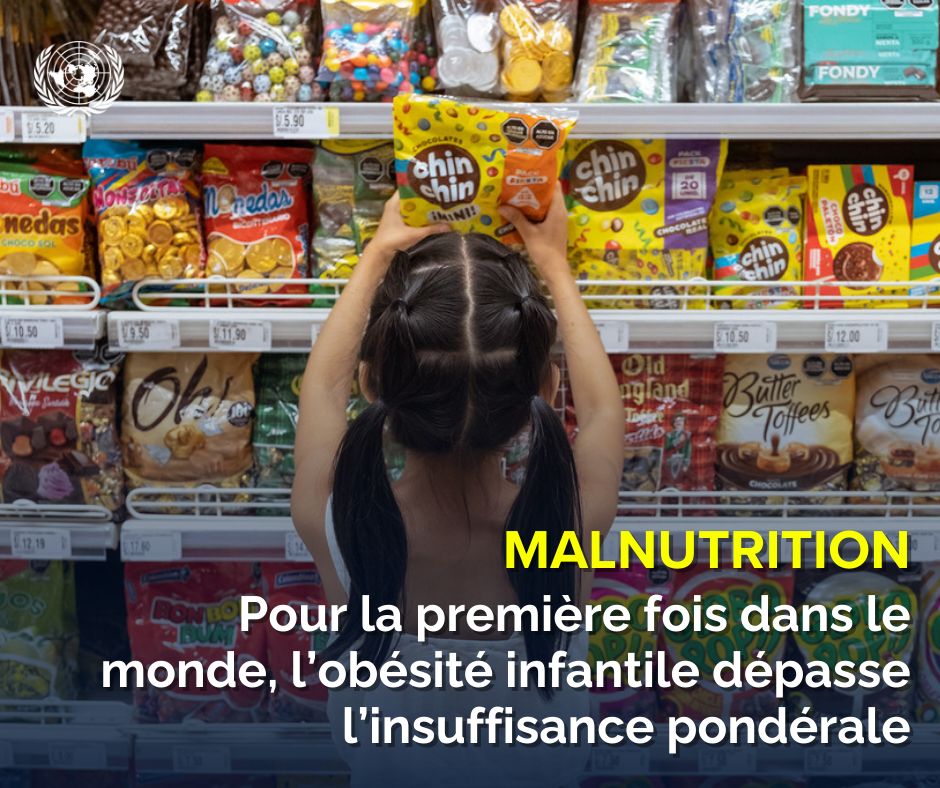 ONUGeneve's tweet image. #Malnutrition | L'@UNICEF_FR révèle qu'un enfant sur dix âgé de 5 à 19 ans, soit 188 millions dans le monde, est aujourd’hui obèse.

Pour la première fois dans l'histoire, l’obésité a dépassé l’insuffisance pondérale chez les enfants.

buff.ly/6V8aFXi