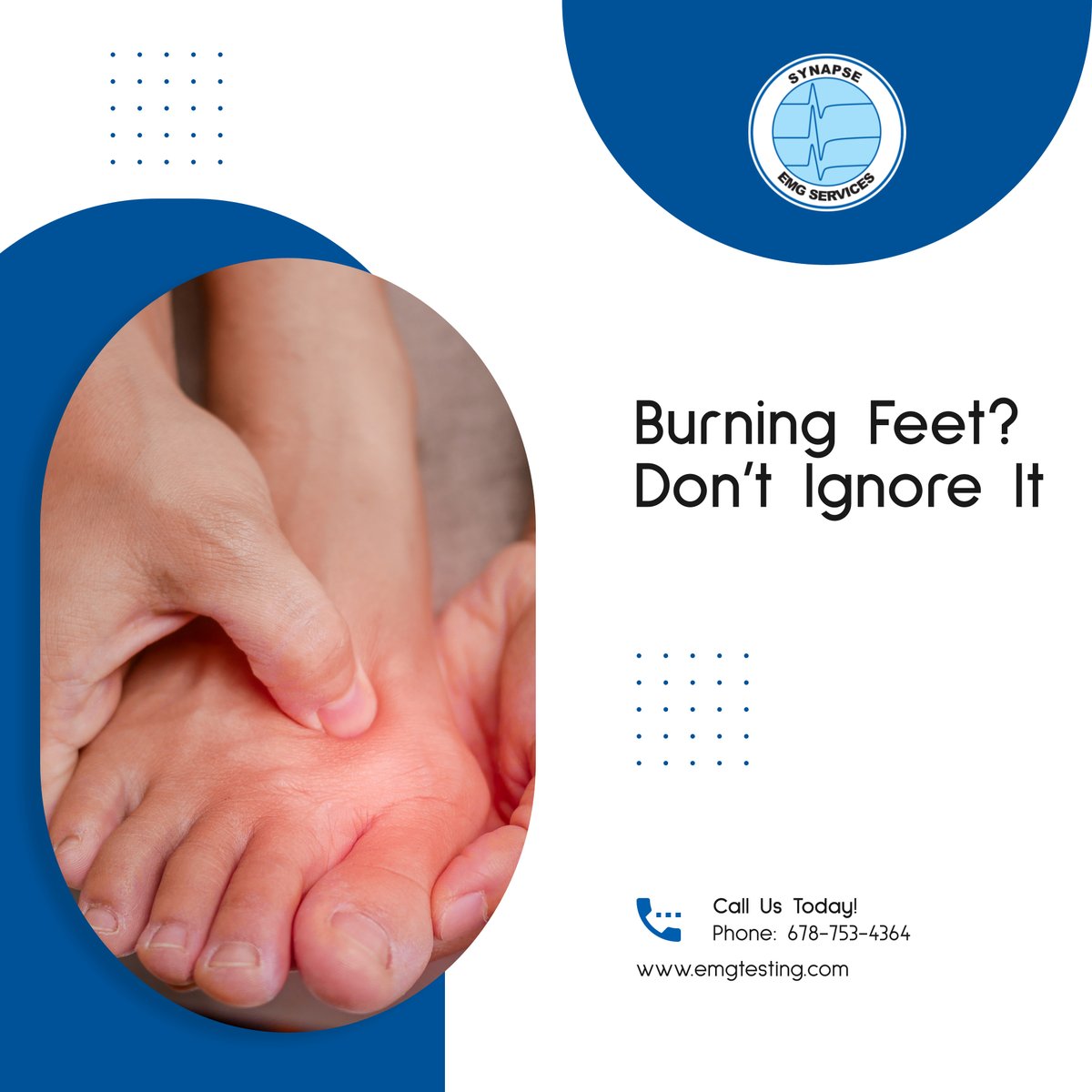synapseemgsrvcs's tweet image. A burning sensation in your feet—especially at night—can be more than just tiredness or poor circulation. It may be a sign of peripheral nerve damage, often linked to diabetic neuropathy or other nerve disorders🧠

#EMGTesting #SnellvilleGA #FootPainRelief #BurningFeet