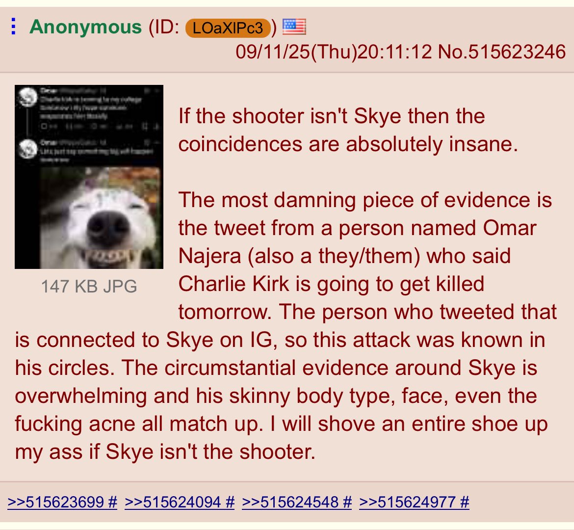 SamRezor's tweet image. If Skye Valadez truly is the Charlie Kirk's shooter, then 4Chan deserves more than the reward. They deserve a place in legend🙌, for uncovering the mystery first, where whole systems failed.