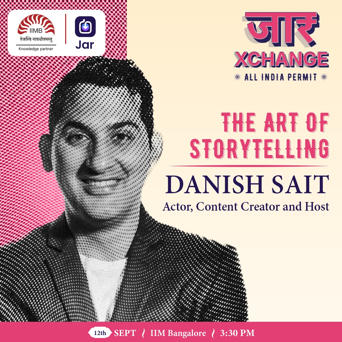 JarAppHQ's tweet photo. @DanishSait is in the house! 🚀
Catch him at our Fireside on The Art of Storytelling with @Akash_singla99
The run has begun!
@iimb_official (main campus) @ 3:30 pm today.
#JarXchange #AllIndiaPermit https://t.co/4y0KE6D6Pl