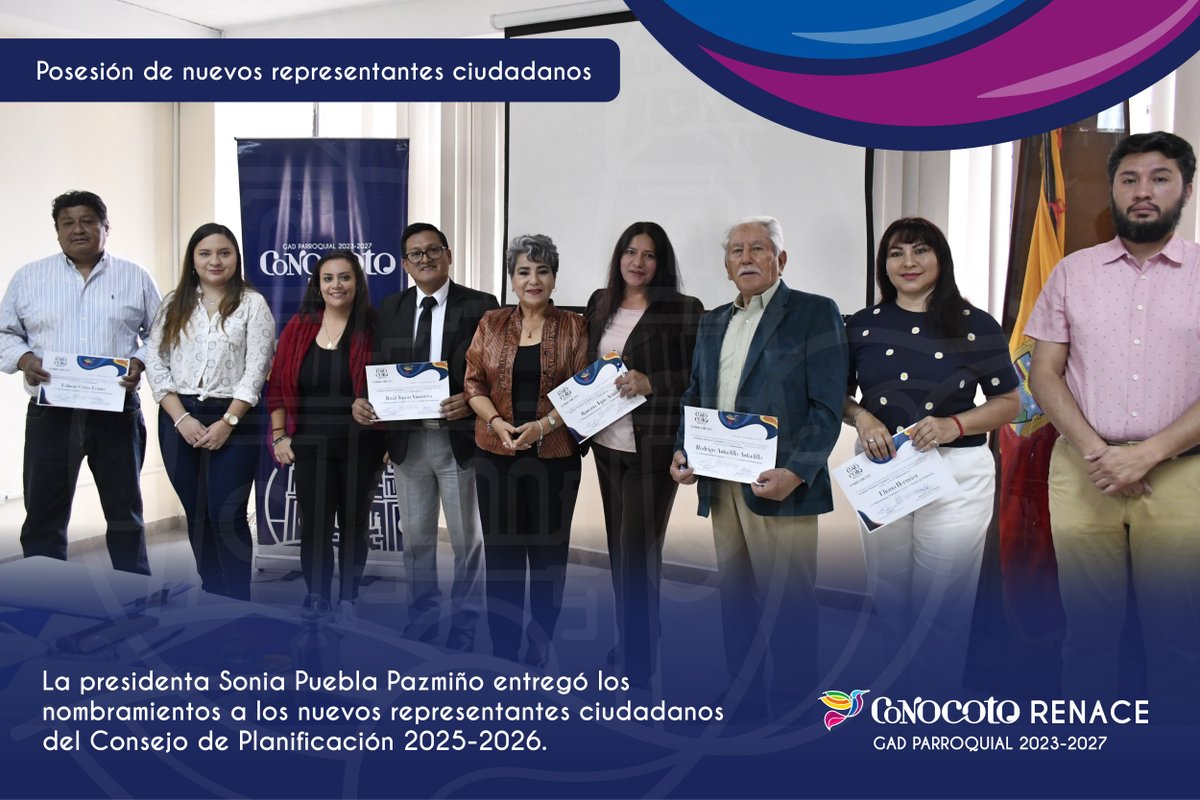 Hoy la presidenta Sonia Puebla Pazmiño posesionó a los nuevos representantes ciudadanos del Consejo de Planificación de #Conocoto.

👏 Su compromiso fortalece la participación ciudadana y el desarrollo parroquial.

#ConocotoAlDía #ConocotoRenace #CompromisoCiudadano