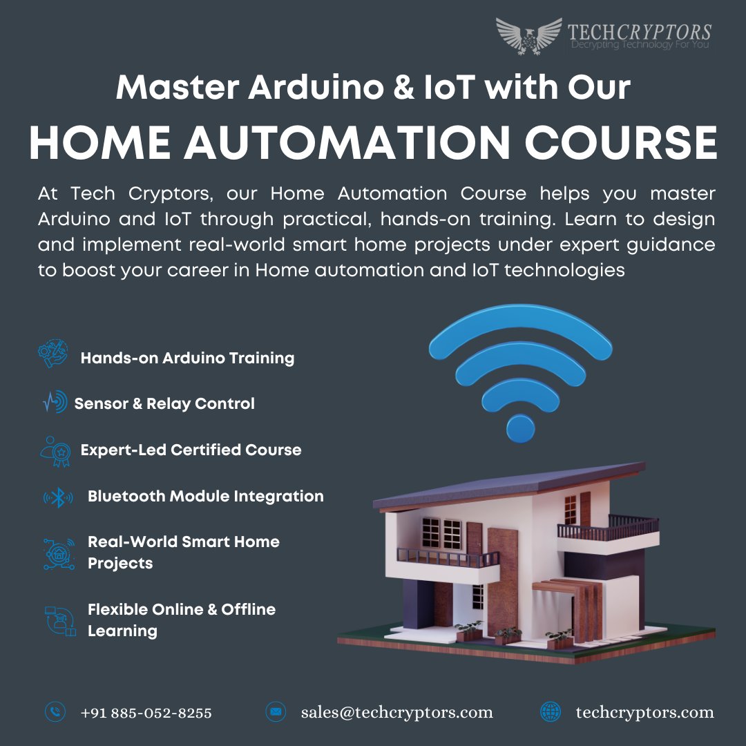 TechCryptors's tweet image. At Tech Cryptors, our Home Automation Course help you master Arduino &amp;amp; IoT with hands-on training!
📞wa.me/918850528255
📩sales@techcryptors.com
🌐techcryptors.com

#HomeAutomation #ArduinoTraining #IoTCourse #IoTProjects #ArduinoProject #HandsOnTraining #TechCryptors