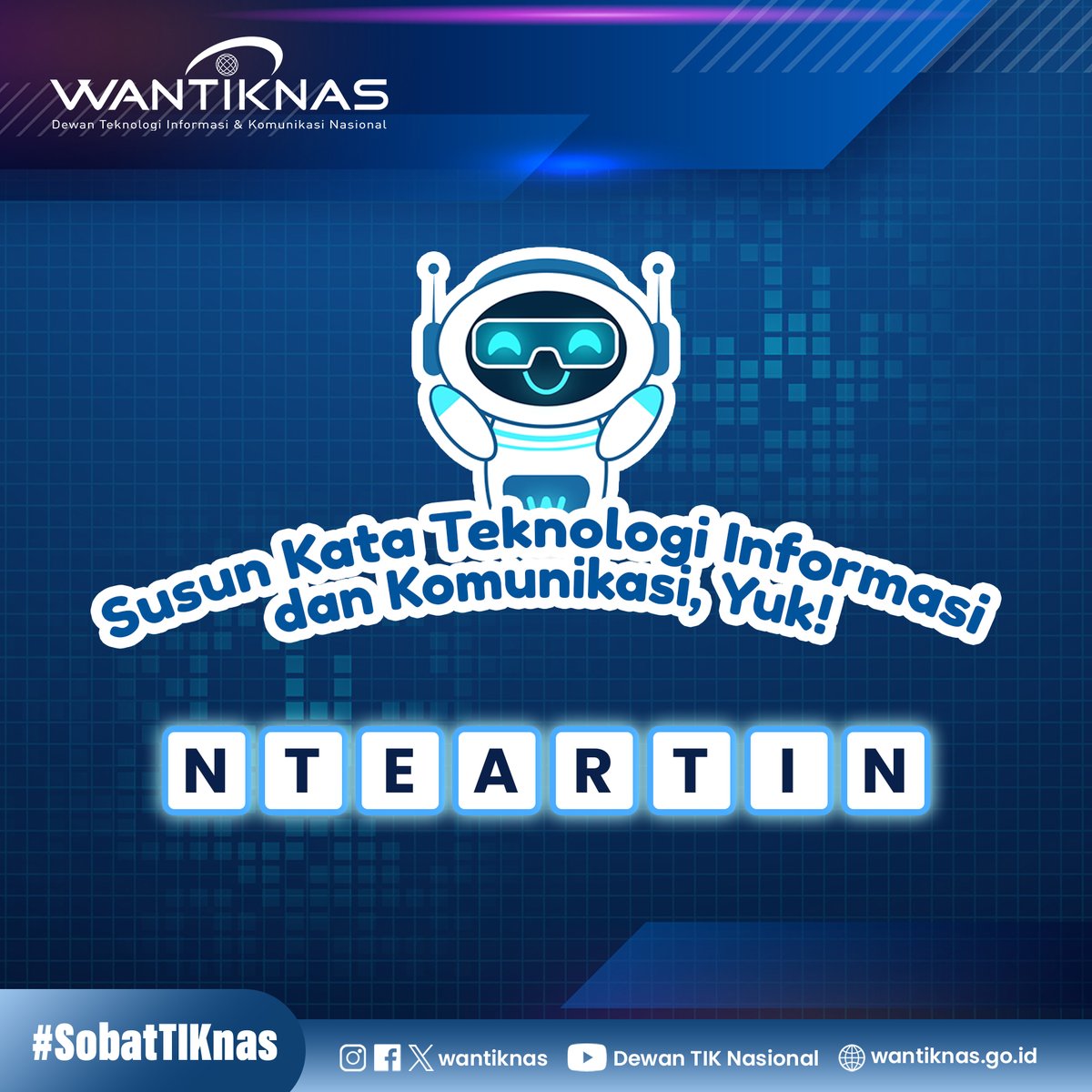Hallo #SobatTIKNas, permainan susun kata balik lagi ni. Ikut permainan bareng MinTIK, yuk, Sob!  Caranya dengan menyusun kata tentang TIK berikut pada gambar ini. Cukup mudah, bukan?   #digital #transformasidigital #wantiknas