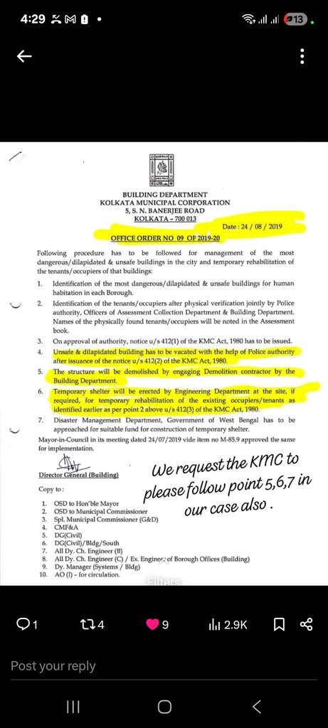 PinglaTewari95's tweet photo. Tweet 3
What’s the point of Section 412A(v) of the KMC Act, if basic survival needs aren’t met after demolition? Laws exist — but enforcement is nowhere to be seen. No temporary structure provided till date which is clearly mentioned in the office order 09 of 2019-2020. https://t.co/nprNsBCsas