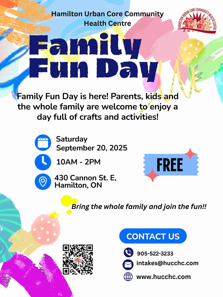🎨✨ Family Fun Day is here! ✨🎨
Parents, kids, and the whole family are invited to a day filled with crafts, activities, &amp; laughter. Best of all, it’s FREE!
📅 Saturday, September 20, 2025
⏰ 10 AM – 2 PM
📍 430 Cannon St. E, Hamilton

👨‍👩‍👧‍👦 Bring the whole family and join the fun