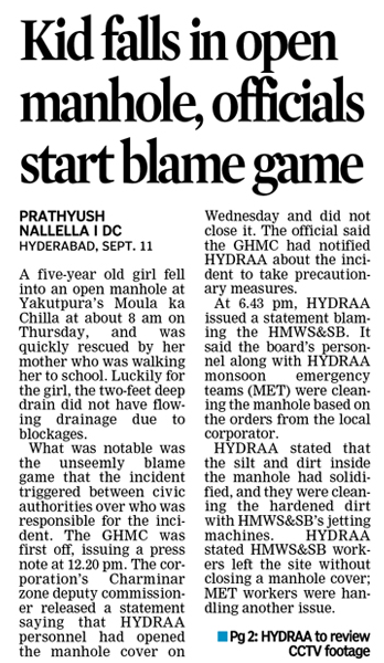 0prathyush's tweet photo. The merry-go-round of excuses continue to cloud @GHMCOnline @Comm_HYDRAA &amp; @HMWSSBOnline , even in the face of a major mishap. Instead of taking accountability, blame games were played. 

How many more close calls should citizens face, before something tragic happens? https://t.co/dnQSHOU2Nw