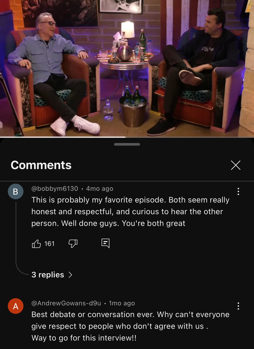 The Charlie Kirk &amp; Bill Maher interview a few months ago, and the comment thread that goes with it, is really something to look back on now. America is starving for respectful discourse between opposing views. The comments are full of people hungry for more of it.