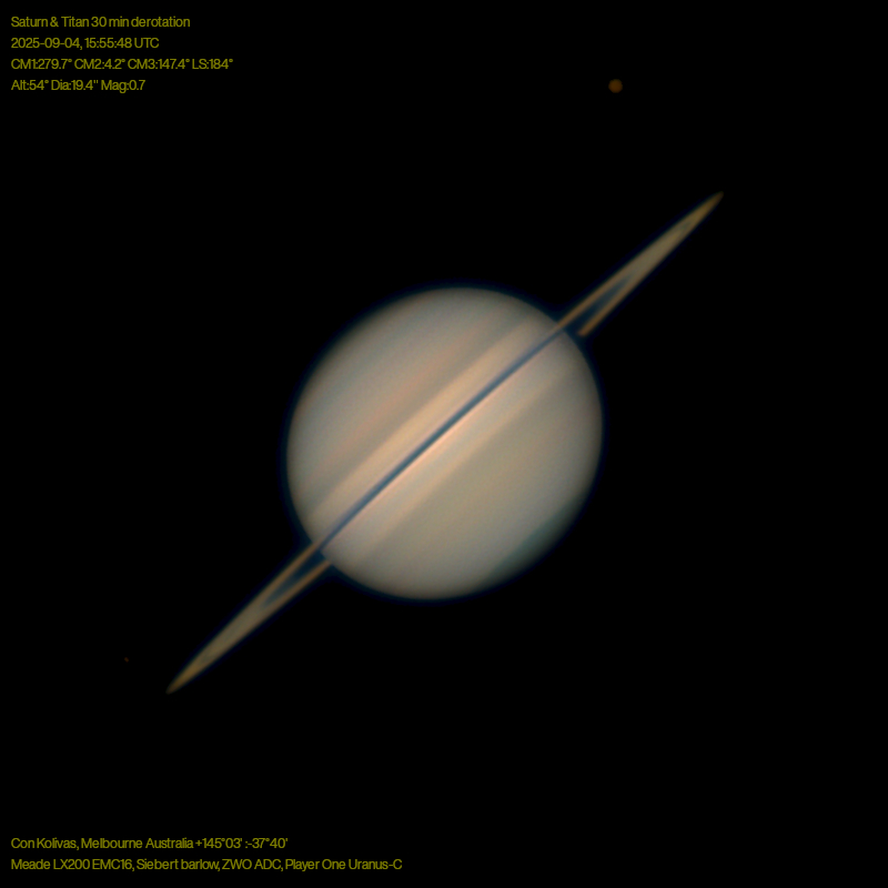 Saturn &amp; Titan captured in colour on 2025-09-04.