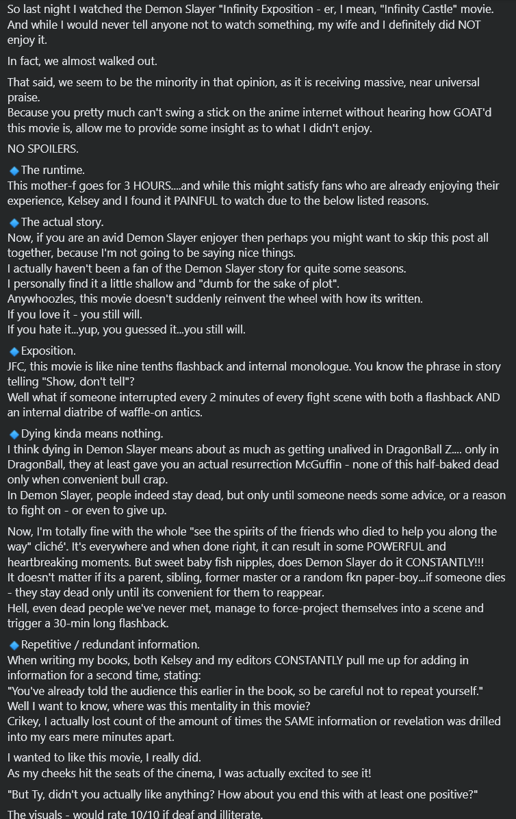 Saw the #DemonSlayerInfinityCastle  movie last night. 
Really wasn't a fan.