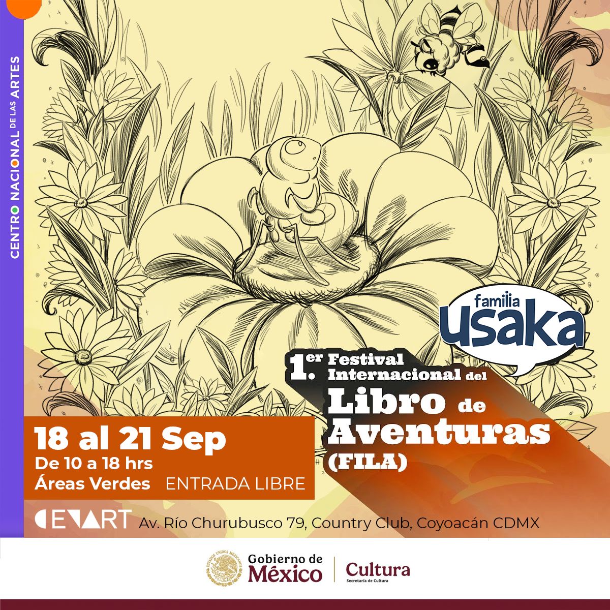 Oigaaan! 
Nuestro próximo evento será en CDMX!
Estaremos participando en el 1er Festival Internacional de Libro de Aventuras que se llevará acabo en el CENART del 18 al 21 de septiembre. 
Traemos una sorpresa que viene volando desde Argentina 🇦🇷😁. 
Los esperamos!