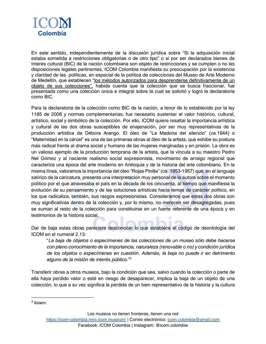 ifredeob's tweet photo. Comunicado del @ICOMColombia frente a posible venta de obras de Débora Arango de las colecciones del @MAMMedellin al @Banrepcultural Un llamado urgente a considerar principios éticos para la labor de los museos del @IcomOfficiel https://t.co/yESKYzkB05