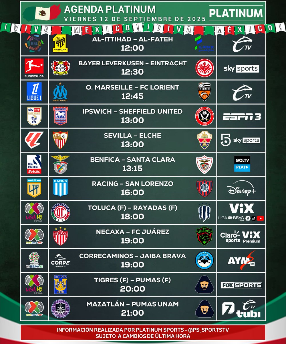 PlatinumSportMX's tweet image. ¡AGENDA FUTBOLERA DEL VIERNES!

🇲🇽 #AgendaPLATINUM
🗓️ Viernes 12 de Septiembre de 2025

⏰📺 Horarios y transmisiones para México.
⚠️ Sujeto a cambios.