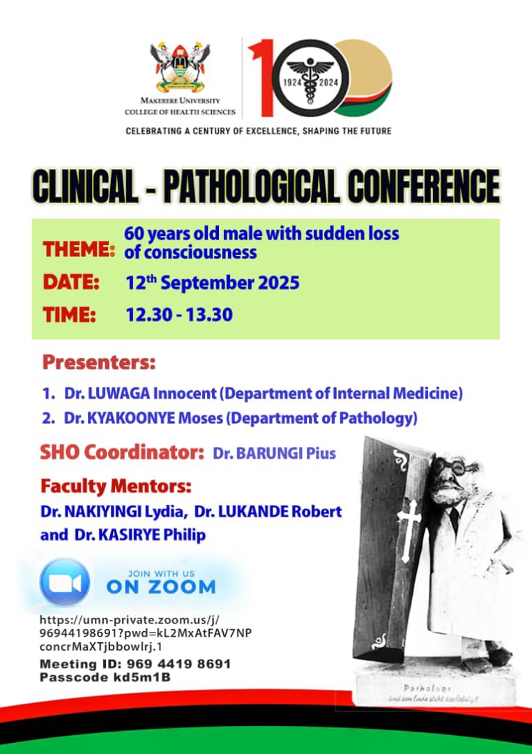 The Internal Medicine, Paediatrics and Pathology Departments invite you to this week's Clinicopathological conference activity this today at 12:30pm 

Join Zoom Meeting
umn-private.zoom.us/j/96944198691?…

Meeting ID: 969 4419 8691
Passcode: kd5m1B

CPD POINTS link;
docs.google.com/forms/d/1p2Isq…