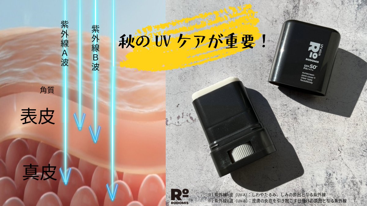 GRACE_webstore's tweet photo. 秋は、夏に比べて紫外線量は若干下がるものの、真夏に比べて皮膚の奥にダメージを与える紫外線A波が   オゾン層を通り抜けやすく常時紫外線B波の20倍以上も降り注いでいます。   夏が終わったからと言ってＵＶケアを疎かにしないようにご注意ください。#ロドミス #ＵＶケア #紫外線 #秋の日差し #UV https://t.co/rlLWb7ML1d