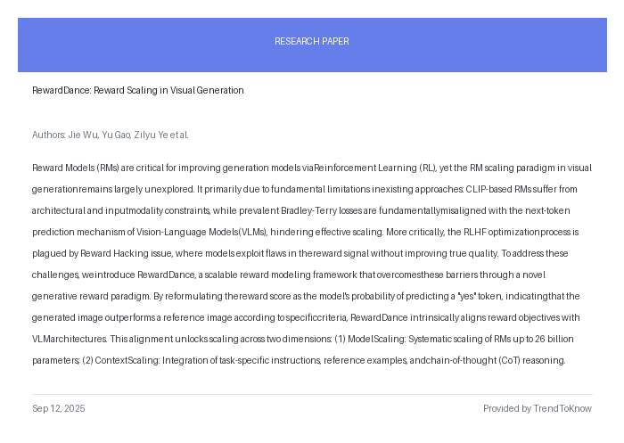 aitrendings's tweet photo. RewardDance: Reward Scaling in Visual Generation

👥 Jie Wu, Yu Gao, Zilyu Ye et al.

#AIResearch #ReinforcementLearning #VisualGeneration #RewardModeling #DeepLearning

🔗 https://t.co/fiPGm0FUT0 https://t.co/bHkIY1zHwh