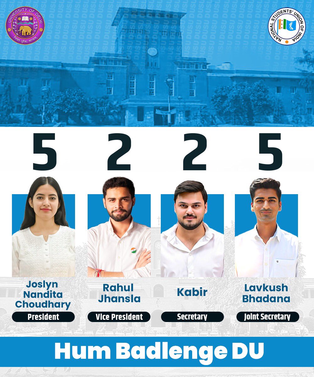 DU needs leaders who create change, not just promises.

Vote Panel 5225 ✅ for fearless voices, and real action.

✨ Joslyn Nandita Choudhary– President
✨ Rahul Jhansla – Vice President
✨ Kabir – Secretary
✨ Lavkush Bhadana – Joint Secretary

With NSUI, we’re building an