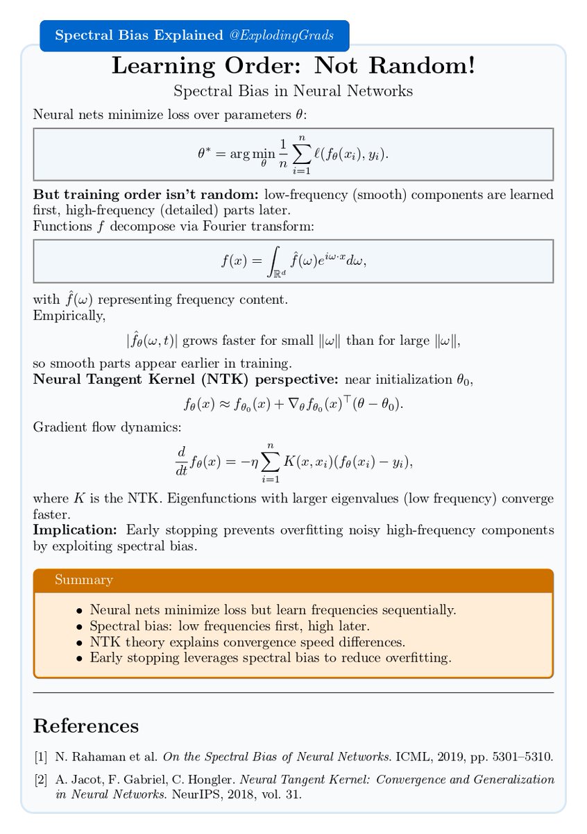 ExplodingGrads's tweet image. Neural nets learn functions by fitting smooth, low-frequency parts first, then detailed high-frequency ones — a phenomenon called spectral bias. Early stopping leverages this to reduce overfitting. Here’s a quick visual explainer! #ML #DL #bias