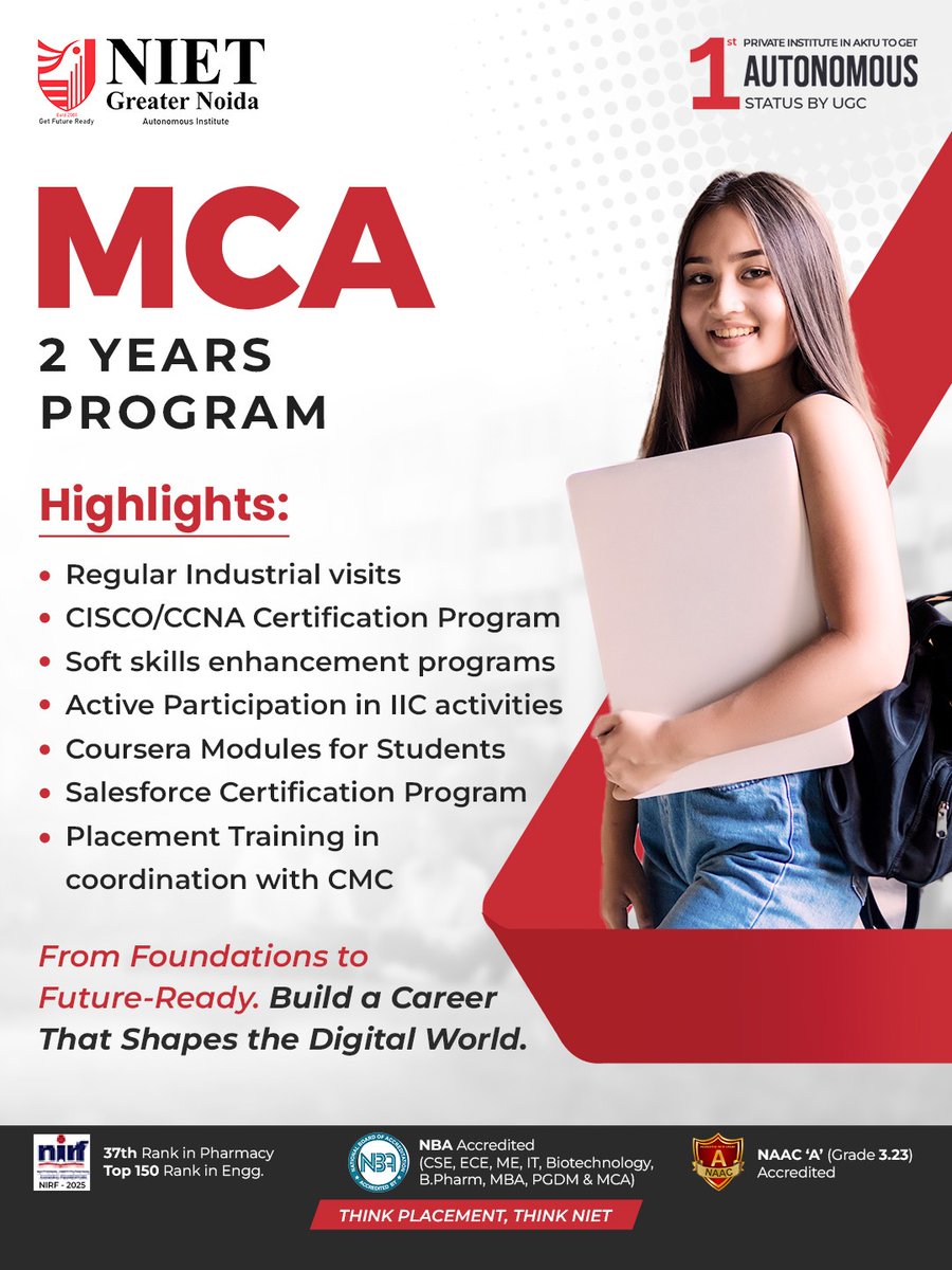 niet_grnoida's tweet image. NIET Greater Noida – MCA (2 Years Program)

Step into the digital future with NIET’s MCA program designed to make you industry-ready with the perfect mix of technical expertise, certifications, and placements.
.
.
#NIETGreaterNoida #MCA #MastersInComputerApplications
