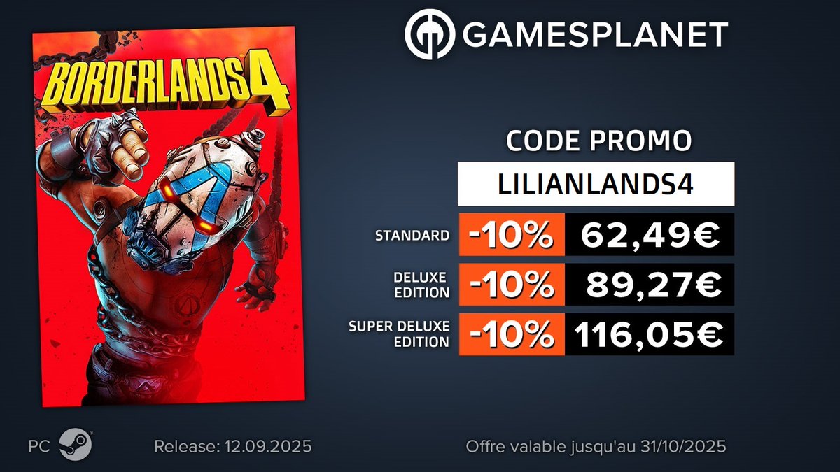 Aujourd'hui retour d'une de mes licences favorites BORDERLANDS 🔥🔥🔥

J'espère qu'il sera à la hauteur des 2 premiers opus (faut je redonne une chance au 3) 😅

Si jamais avec GamesPlanet j'ai une petite réduc à vous partager, ça peut toujours être utile !