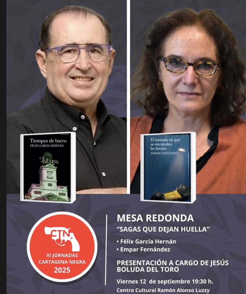 Esta tarde tendré el inmenso placer de compartir mesa con la maestra @emparf1914 , presentados por el escritor @jesus_boluda_del_toro en el marco de @cartagenanegra . Muy honrado por vuestra invitacion.