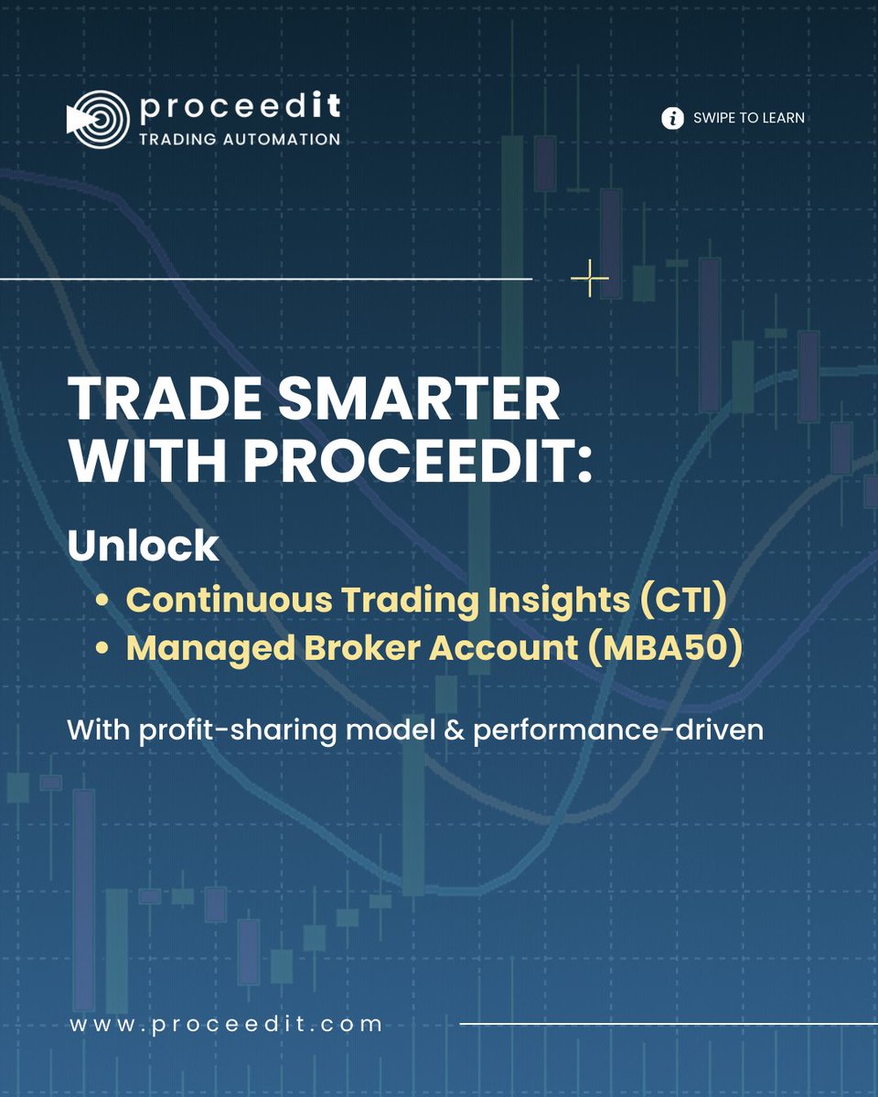 Proceedit's tweet image. The hardest part of trading? Knowing when to act. We’ve solved that.

Most traders struggle with timing and execution - leading to missed opportunities and lower returns.

proceedit changes the game with Continuous Trading Insights (CTI) and Managed Broker Account (MBA50) - built…