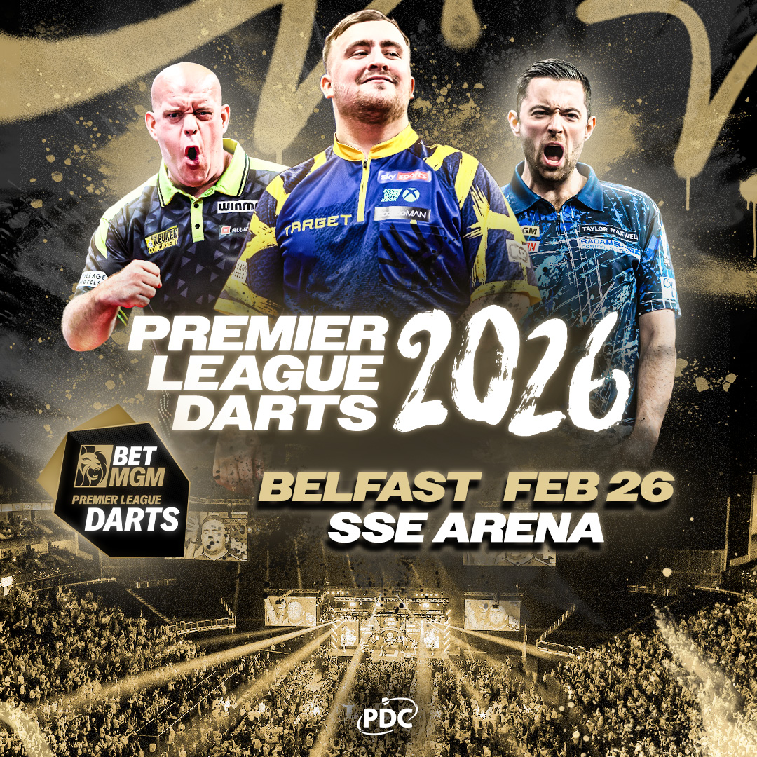 SSEBelfastArena's tweet image. 📣 RETURNING IN 2026! 🎯

The 2026 BetMGM Premier League will roll into The SSE Arena, Belfast on night four of the competition on Thursday 26 February, as the sport’s biggest party visits 17 venues across the UK and Europe next year!

Ticket information, including on sale dates…