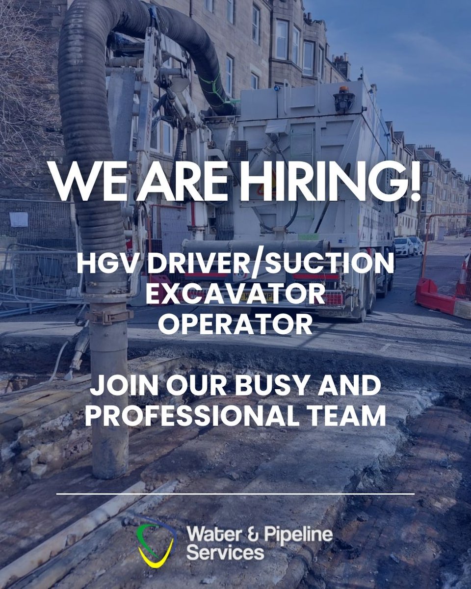 We're hiring! 

HGV Driver/Suction Excavator Operator
- 45 hours p/w
- May require overnight stay
- Transport to and from Falkirk depot
- Preferable– NPORS NO21 Suction Excavator qualification
- Competitive salary (experience based)

Apply: office@waterandpipelineservices.co.uk