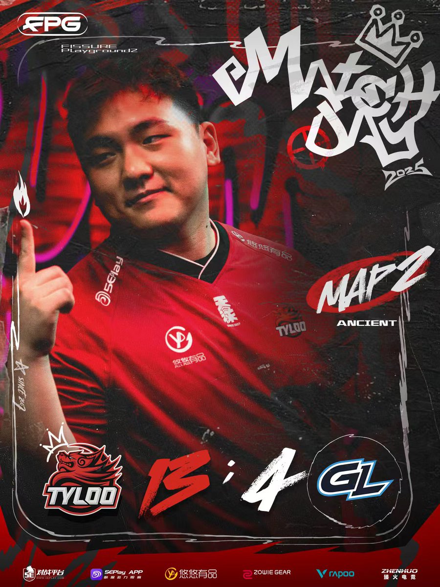 tyloogaming's tweet image. ✨Fissure Playground S2

✨MAP  Ancient｜ BO3

✨TYLOO 13:4 GL

✨MVP：TYLOO Moseyuh

#tyloo #FPG