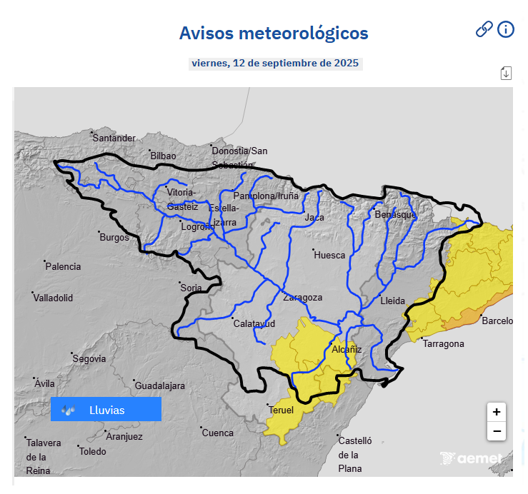Ante avisos 🟡 (AEMet) por ⛈️ intensas (20 mm/h), la <a href="/CH_Ebro/">Confederación Hidrográfica del Ebro</a> recuerda la posibilidad de crecidas súbitas importantes en cauces menores y barrancos de la cuenca del Ebro en el Sistema Ibérico más oriental durante la tarde de hoy viernes 12/09. Precaución ⚠️