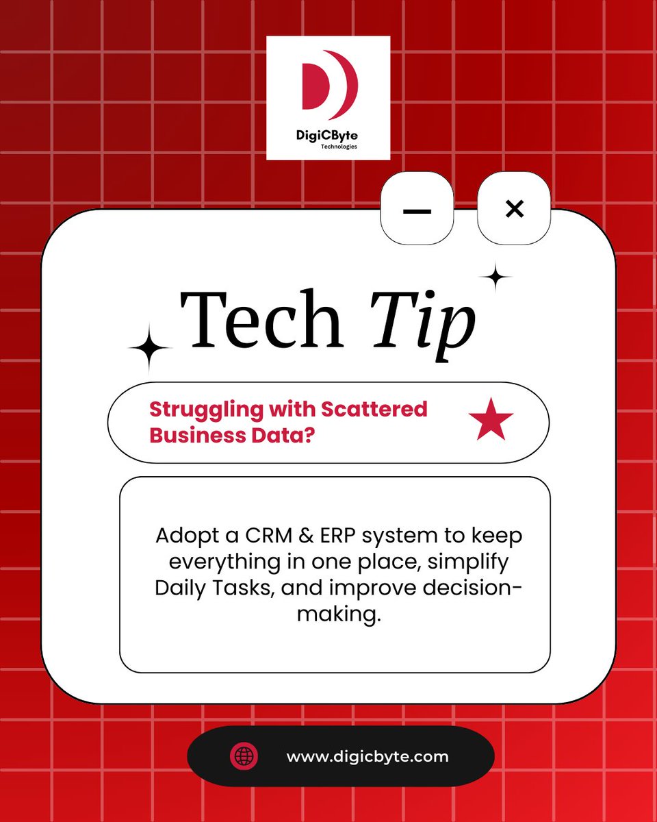 digicbyte_tech's tweet image. Is your business data scattered across spreadsheet, emails, & notes? It’s time to centralize with unified CRM & ERP system. Automate tasks, streamline operations, & boost growth!
#DigiCByteTechnologies #SoftwareDevelopment #CustomSolutions #DigitalTransformation #TechForBusiness
