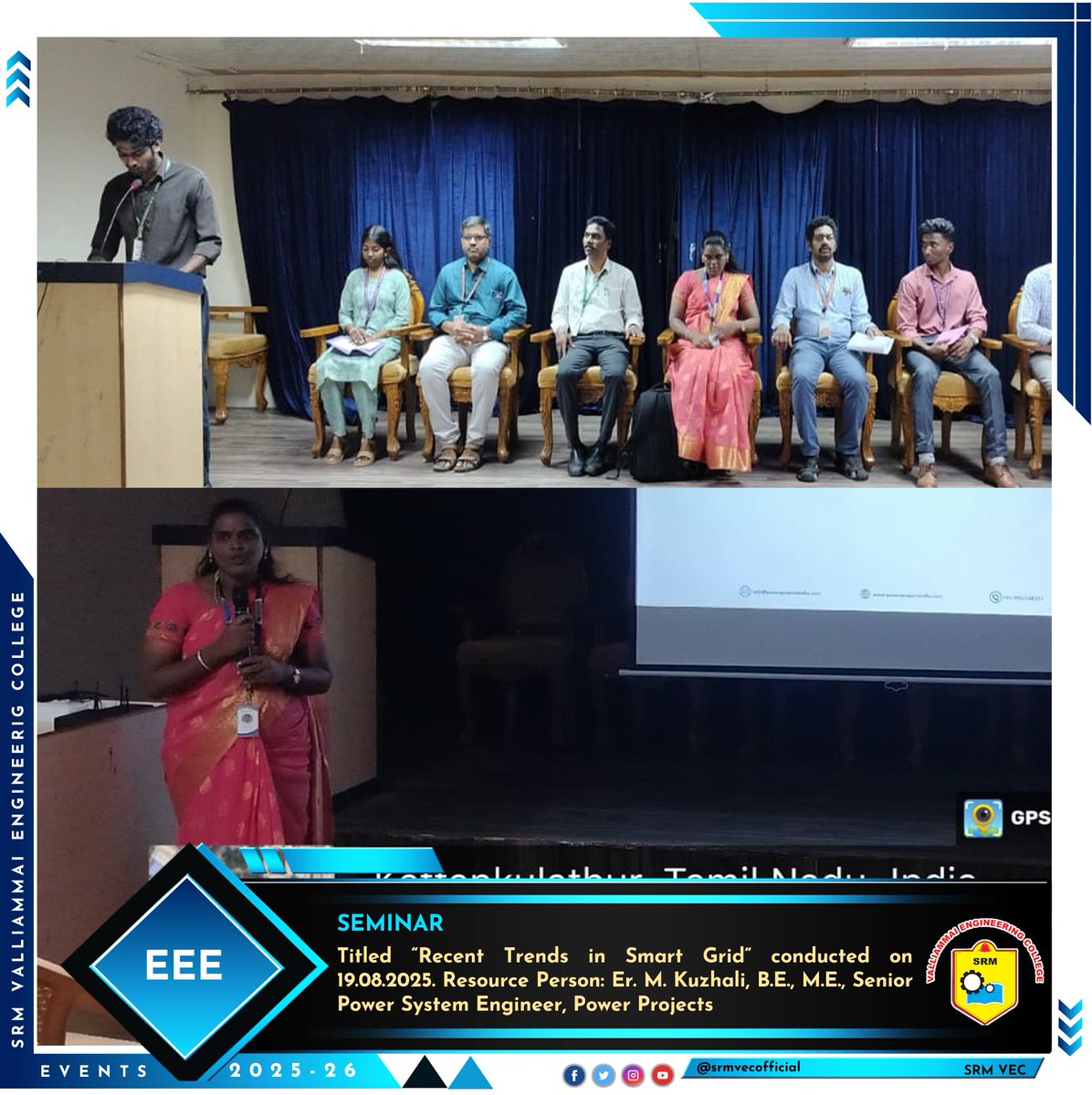 srmvecofficial's tweet photo. EEE students gain real-world insights into smart grid technologies during the expert seminar held on 19.08.2025.

#SRMVEC #EEEDept #SmartGrid #IEEE #ISTE #IIC #IIPC #RenewableEnergy #PowerSystems #FutureOfEnergy #EngineeringInnovation #SustainableTech #StudentDevelopment https://t.co/ro6RU13qXR