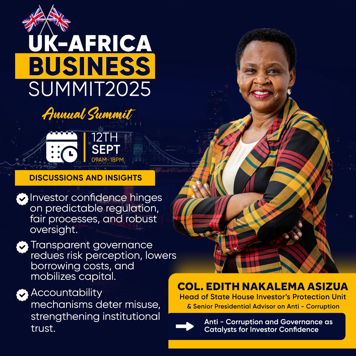 BIG DAY🚨
TODAY in London 🇬🇧 | Col. <a href="/edthnaka/">Col Edith Nakalema</a> represents Uganda at the 15th <a href="/UKAfricaSummit/">The UK-Africa Business Summit 2024</a>, showcasing how anti-corruption &amp; good governance fuel investor confidence, unlock AfCFTA opportunities &amp; power the #EIPP platform.
Follow 🔗 ukafricasummit.uk
#EmpoweringInvestors