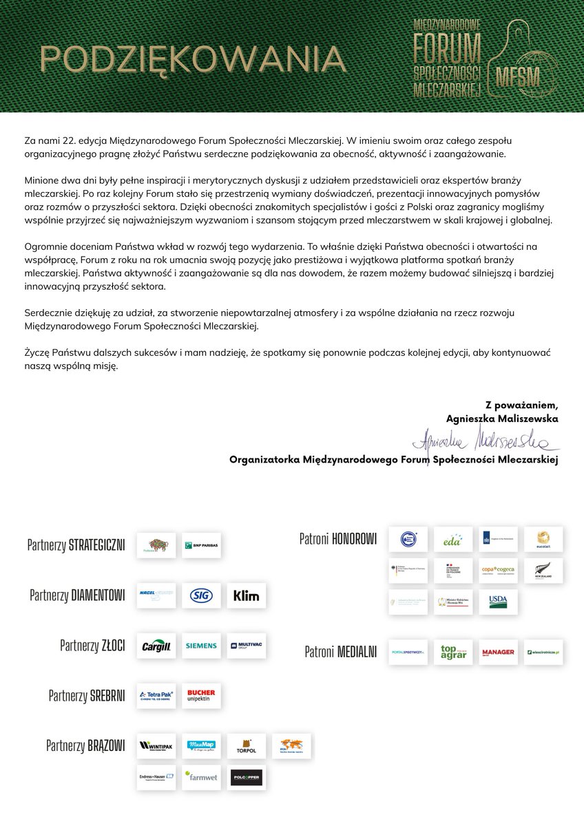 22. Międzynarodowe Forum Społeczności Mleczarskiej za nami!  

To dzięki Państwu #MFSM cieszy się uznaniem zarówno  w Polsce jak i na świecie.  
Dziękujemy za udział, zaangażowanie, wkład merytoryczny i z niecierpliwością czekamy na przyszłoroczną edycję.