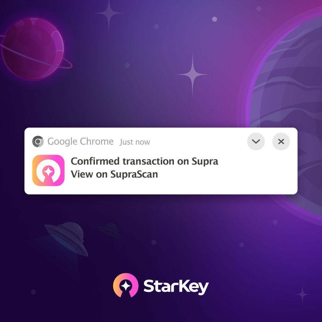 No more babysitting transactions.

Just get notifications on StarKey wallet 🔔

Get transaction success ✅ or failure ❌ alerts.

Try it out now 👉starkey.app

Heads up: The wallet may be disabled by the update, please re-enable and accept permissions to get