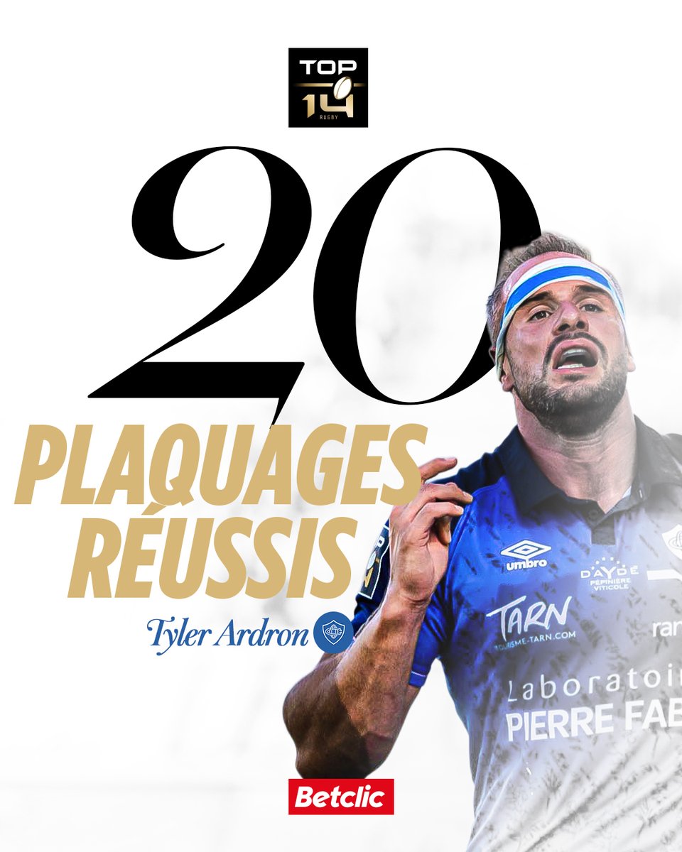 Tyler Ardron infranchissable ! 🤯

Le Castrais a réussi 20 plaquages contre Pau, record du week-end… sans en manquer un seul 💪
Un tel total n’avait plus été vu sur une première journée de #TOP14 depuis 2022 🤯

#AvantMatch📊