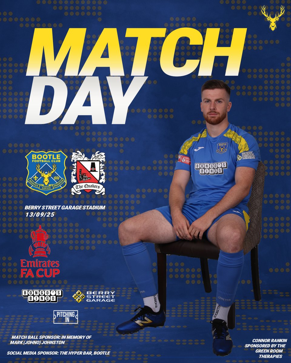 MATCHDAY! 🏆

🆚 <a href="/Official_Darlo/">Darlington FC</a>
📆 Today!
⏰ 3pm KO
🏟️ The Berry Street Garage Stadium
🏆 The Emirates FA Cup
🎟️ bootlefc.com/tickets

#UpTheBucks 🟡