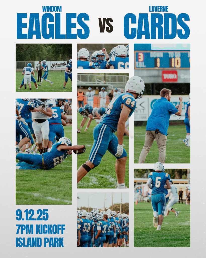 🏈 GAME DAY 🏈
Windom Eagles host the Luverne Cardinals tonight at Island Park!

📅 Fri, Sept 12
⏰ Kickoff 7:00 PM
🎟 Adults $7 | Students $5 | Windom K-12 FREE
🎥 Livestream: fan.hudl.com/usa/mn/windom/…

Let’s pack the stands!
