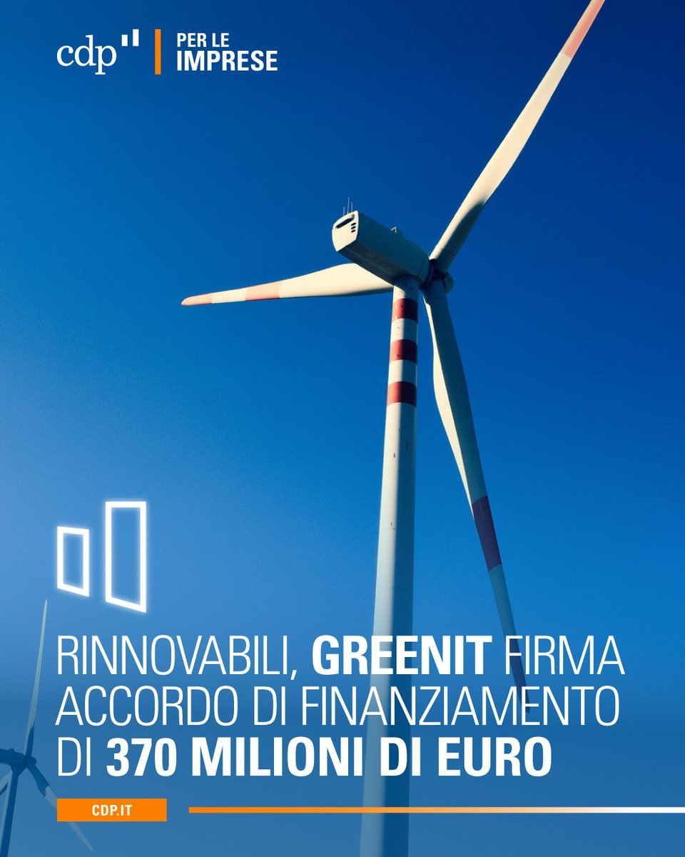 GruppoCDP's tweet photo. 🌱 GreenIT, la joint venture italiana partecipata da Plenitude (società controllata da @eni) e #CDPEquity (Gruppo CDP) attiva nella produzione di energia elettrica da fonti rinnovabili ha firmato un accordo di finanziamento in project finance di 370 milioni di euro a sostegno del proprio Piano industriale.
Il finanziamento è finalizzato agli investimenti per lo sviluppo di impianti per produrre energia da fonti rinnovabili - progetti greenfield onshore - in Italia.
L’avvio della fase operativa degli impianti è previsto entro il 2028, in linea con il piano industriale di #GreenIT, con un target di capacità installata di 1GW entro il 2030, e con il Piano Nazionale Integrato per l’Energia e il Clima 2030.
L’operazione è stata supportata da @EIB, che ha sottoscritto complessivamente 220 milioni di euro, e da primari istituti finanziari europei tra cui @BNLBNPParibas_ , @CA_Ita Milan, @INGItalia e @SocieteGenerale.
Tutti i dettagli nel comunicato stampa https://t.co/sPs3Ano4wa
#rinnovabili #BEI #projectfinance #transizioneenergetica