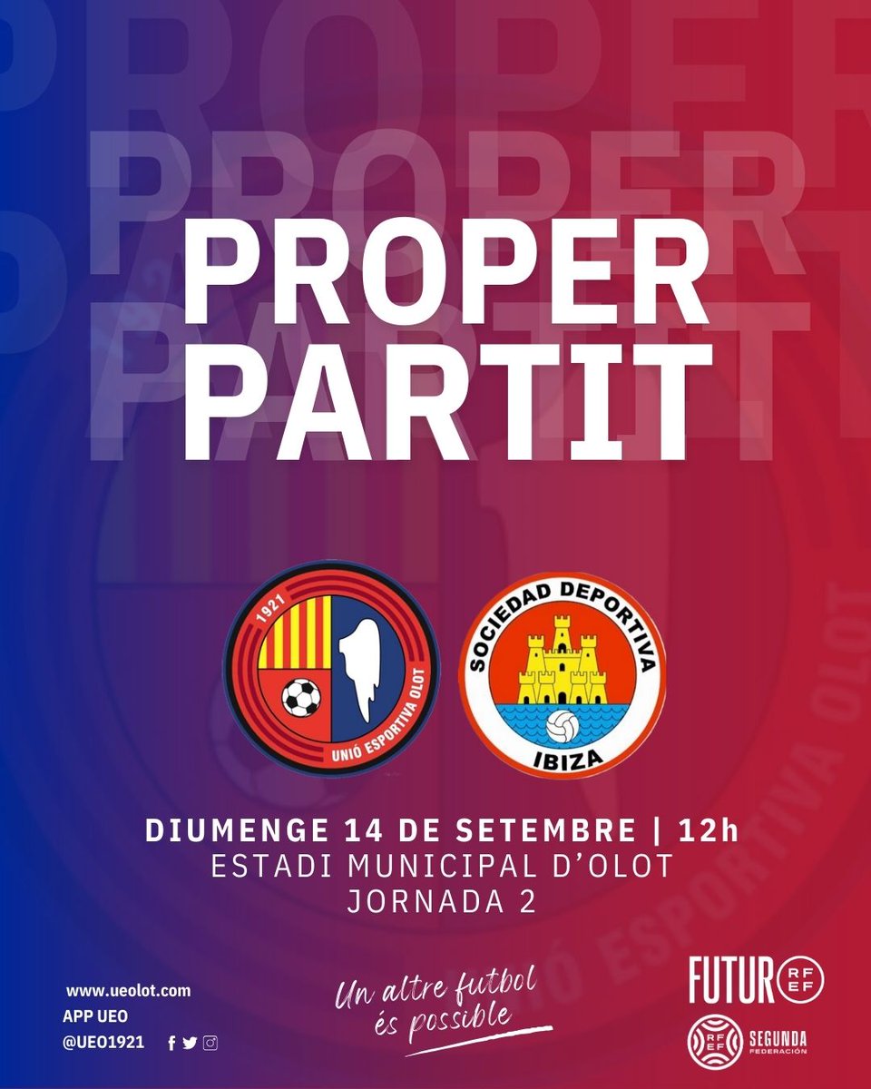 🗒️ 𝗣𝗥È𝗩𝗜𝗔 𝗝𝟮: Principis.

📆 14/09, 12.00h 
📣 #UEOlot - <a href="/sdibizaip/">SD IBIZA</a>
📻 <a href="/RadiolotEsports/">Ràdio Olot Esports</a>

ℹ️ ueolot.com/2025/09/11/pre…

#OlotSDIbiza #2RFEF3