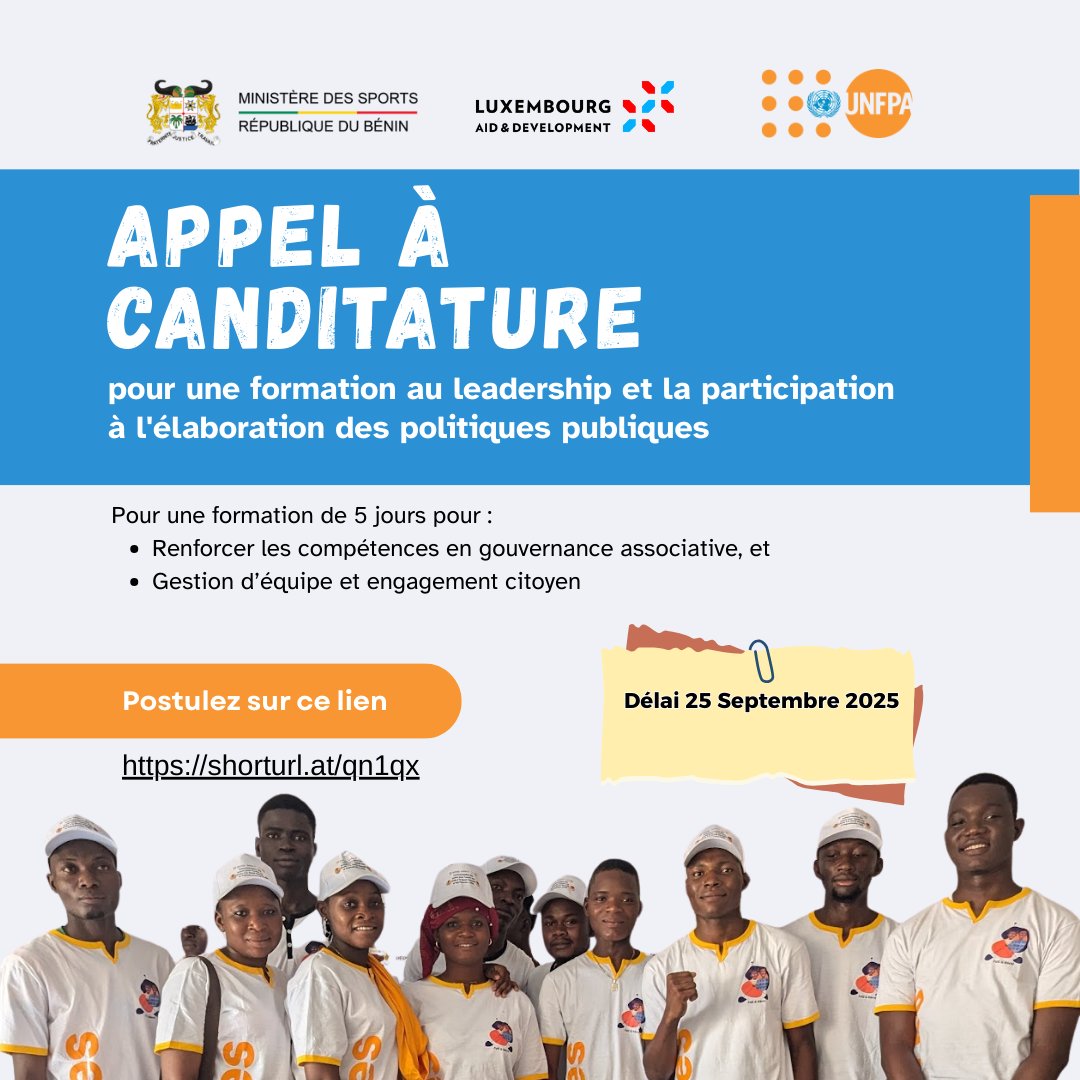 unfpa_benin's tweet image. 📢Tu es jeune, engagé·e, motivé·e et désireux de  
développer ton leadership et contribuer à l’élaboration des politiques publiques au Bénin🇧🇯 ?
Participe à une formation de 5 jrs avec l’appui du @sports_gouv_bj, @LUinCotonou &amp;amp; @unfpa_benin 
👉Postule ici: shorturl.at/qn1qx