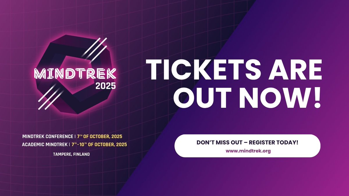 📣 October is soon here. Have you already secured your place at #Mindtrek25?

If not, now is your time to register. There are limited amount of tickets available. So, we recommend grabbing them before they're gone.⏰

Don't miss out – Get yours now: mindtrek.org/tickets/