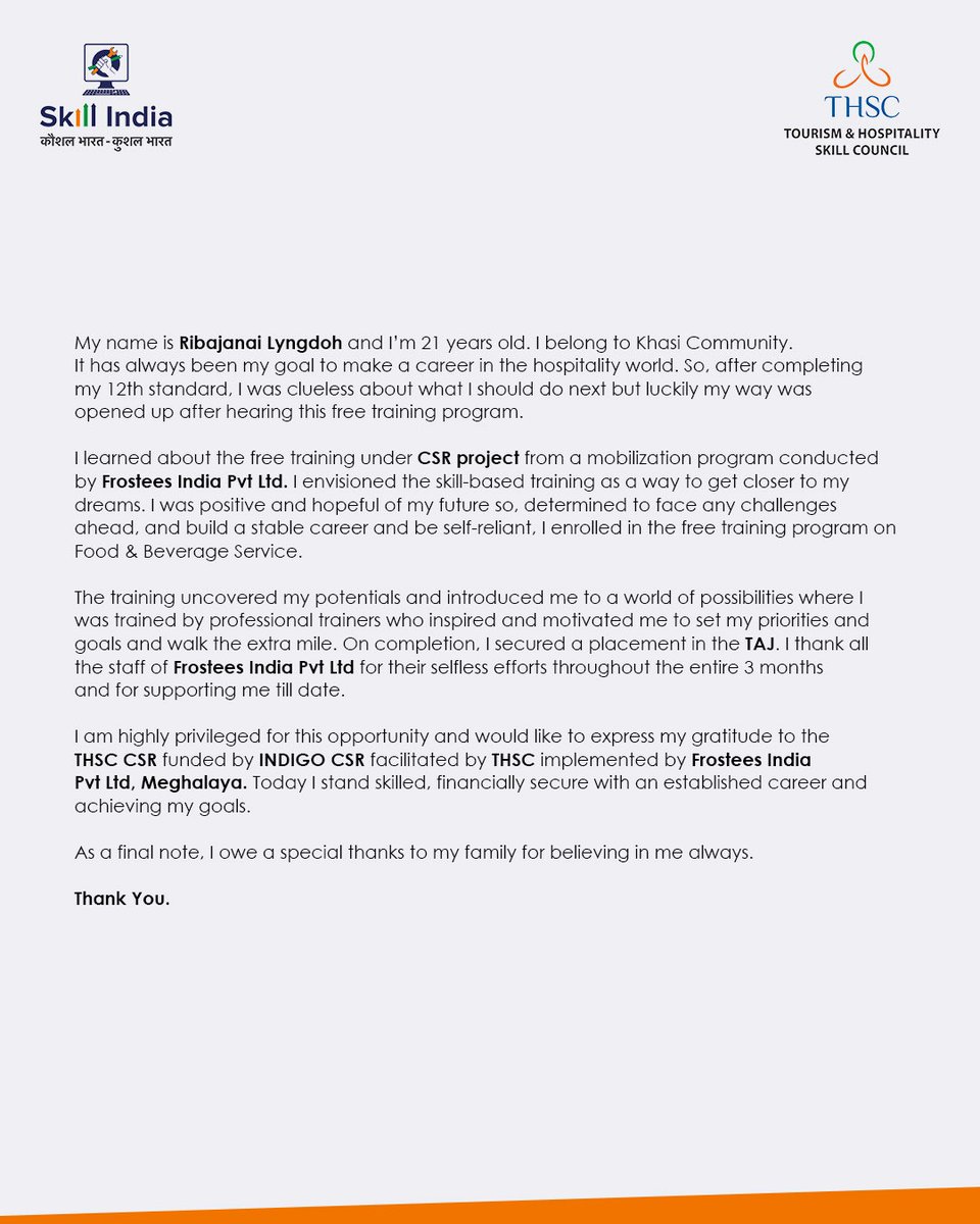 skillthsc's tweet photo. THSC takes immense pride in being a part of the success journey of Robajanai Lyngdoh.
Scroll ahead to read the complete story!
#MSDE #DGET #DBT #NSDC #GovernmentITI #DeputyDirectorGeneral #thscskillindia #skillcouncil #LearnwithTHSC #Skill4NewIndia #tourism #hospitality https://t.co/9V9JlPPSC7